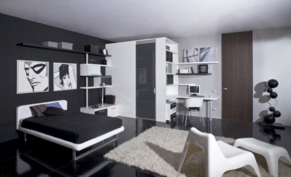 Quarto decorado em preto e branco, mas elegância na decoração.