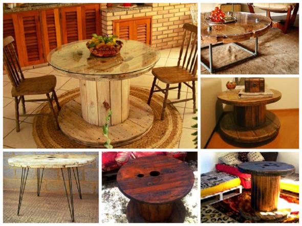Bancos e mesas rústicas feitas de carretel de madeira 002